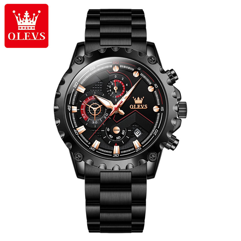 Olevs 2873 Black Stainless Steel Chronograph Wrist Watch For Men Black