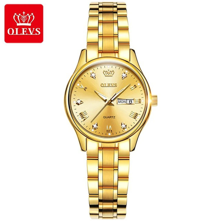 Olevs 5563 Two Tone Stainless Steel Analog Wrist Watch For Women Golden ...